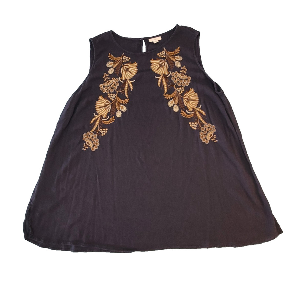 J. Jill Sleeveless Blouse 2X Navy Blue Gauze Embroidered Tunic Top Cotton Flowy